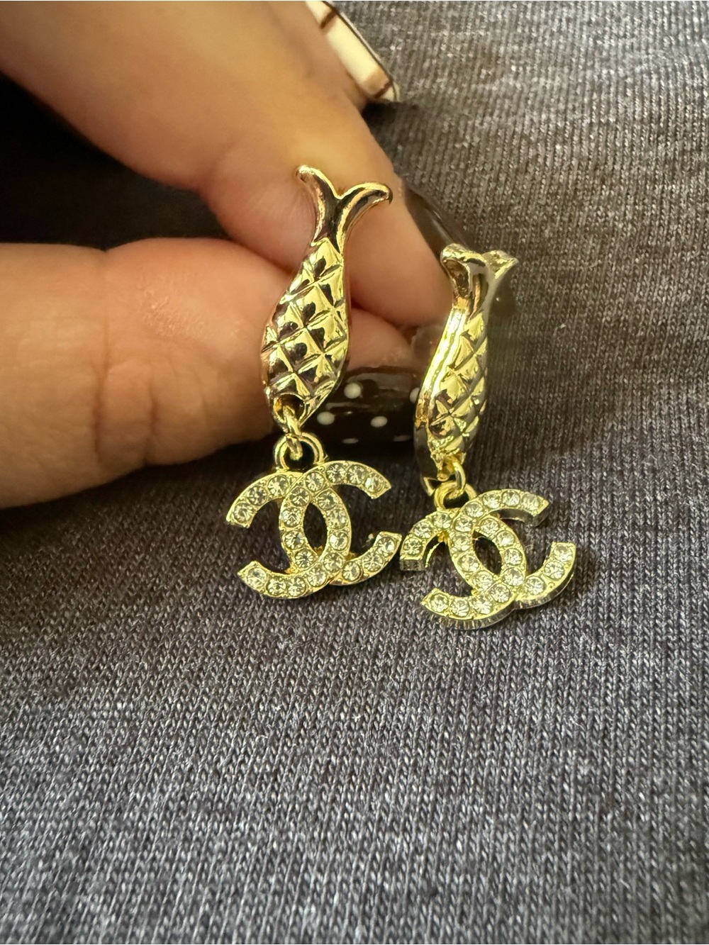 Gold-Tone Pineapple Drop Earrings with Crystal Double-C Logo Charm